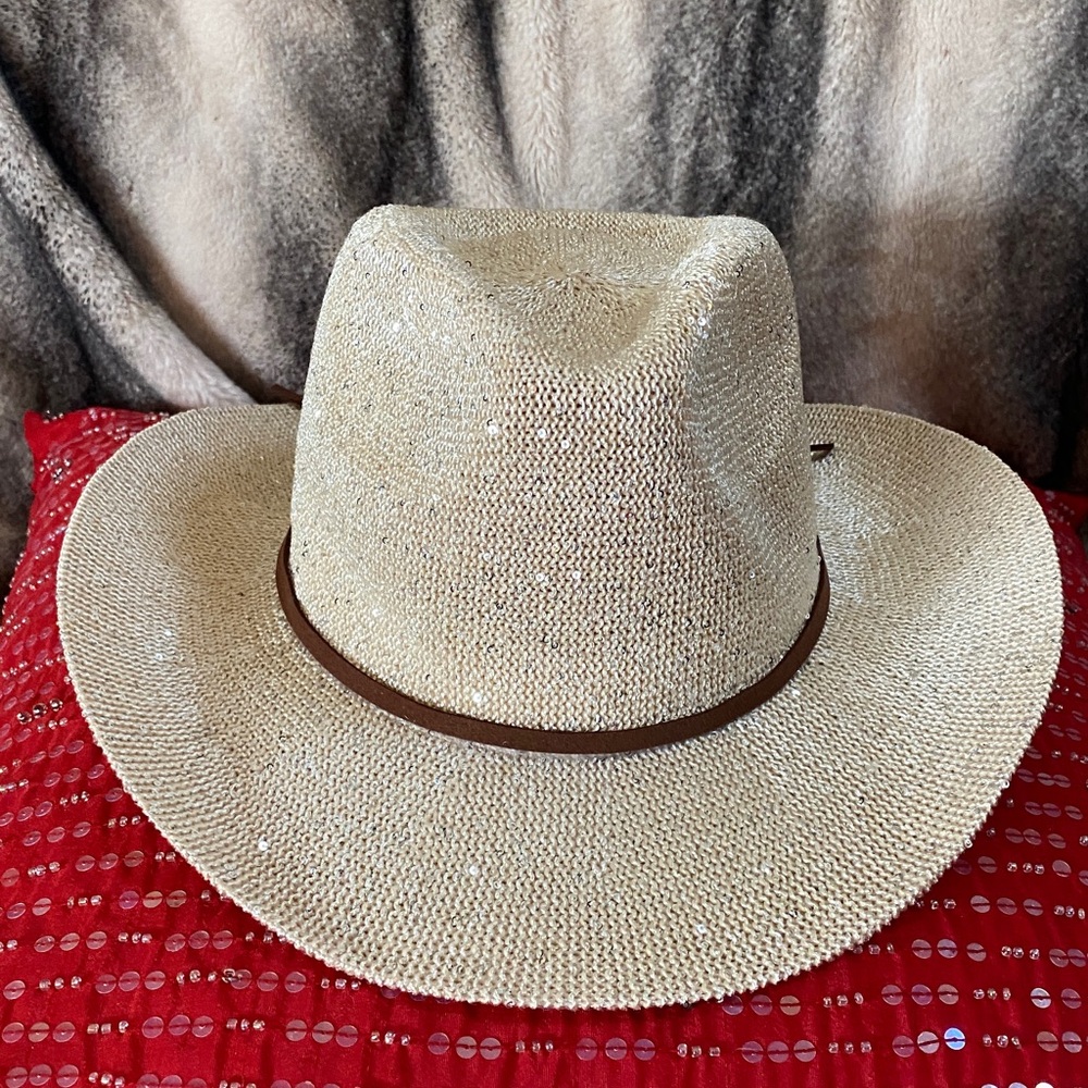 Designer Sparkling Nude Color Nude Sequins Cowboy Hat Adjustable Rim Interior - Picture 10 of 16
